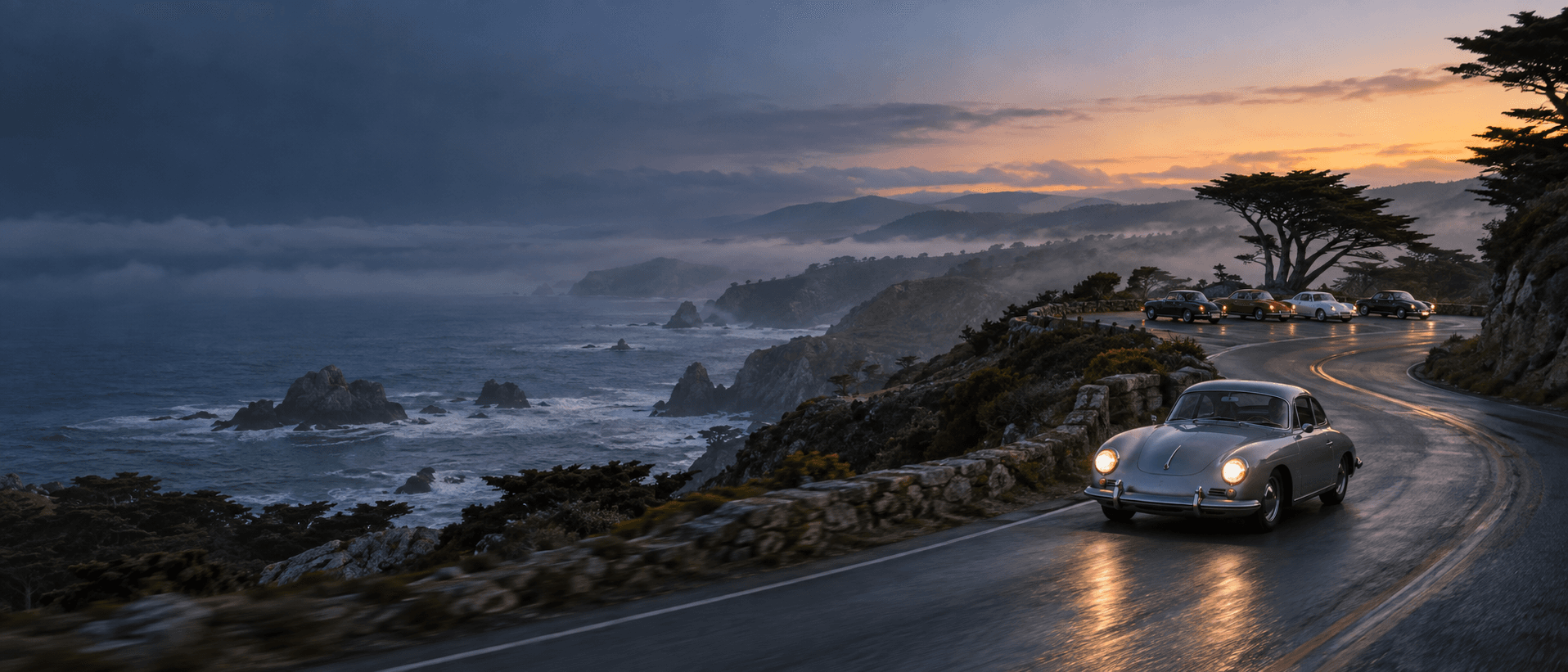 Classic cars touring a misty California coastal road at dawn.